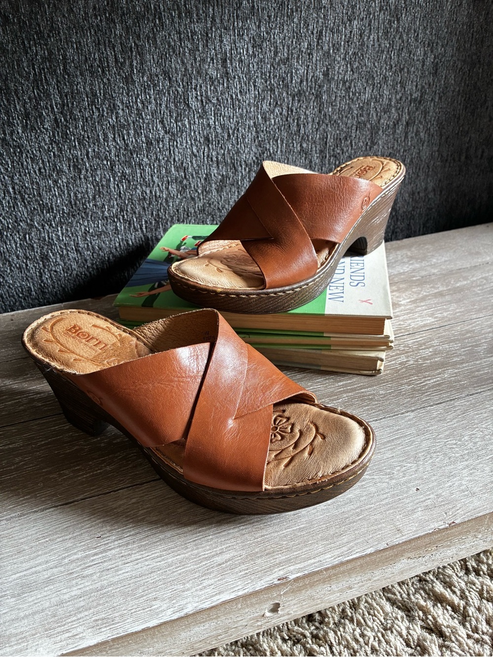 Born Brown Leather Crisscross Wedge Sandals With Stacked Block Heel